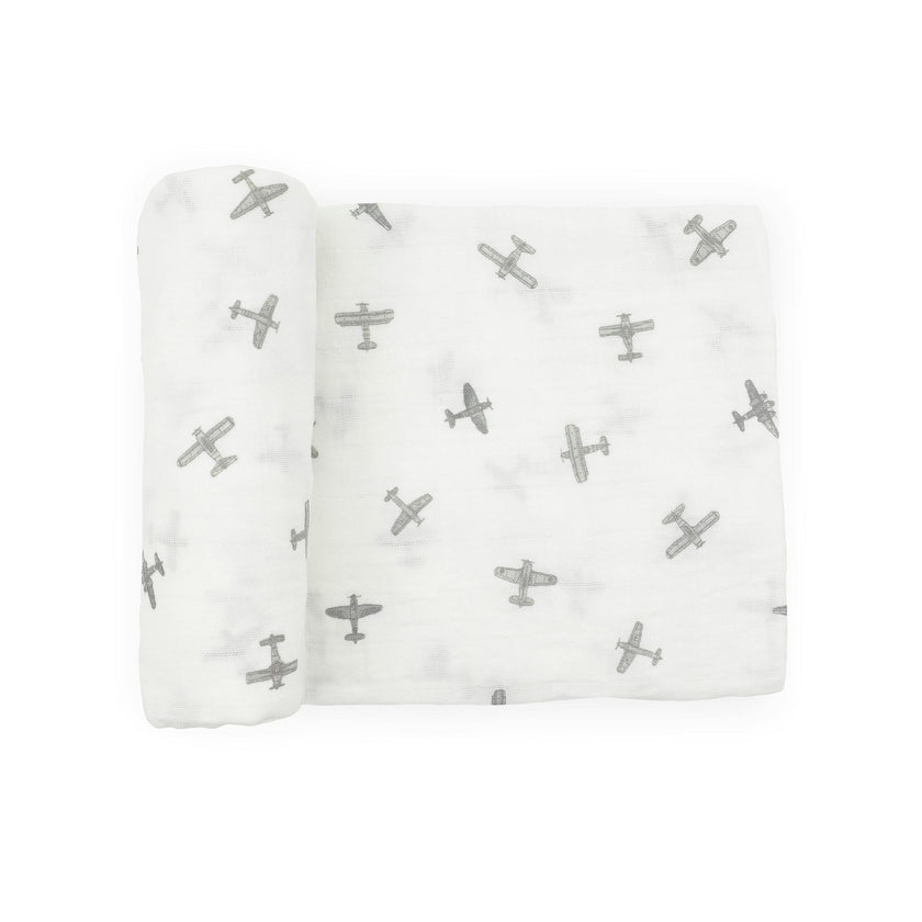 Organic Cotton Muslin Swaddle Blanket - Pewter Planes