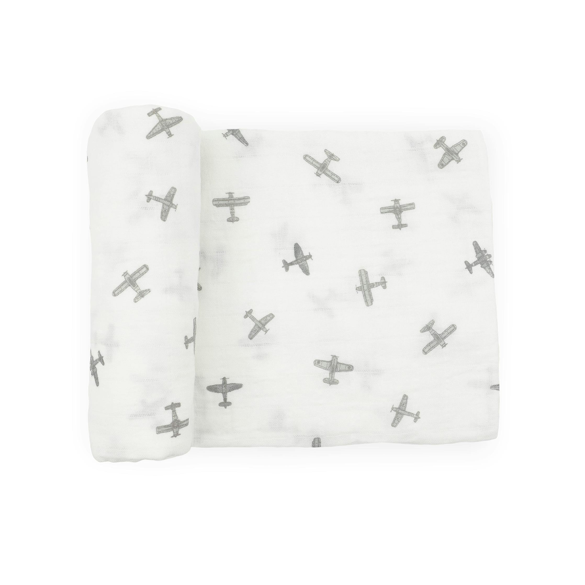 Organic Cotton Muslin Swaddle Blanket - Pewter Planes
