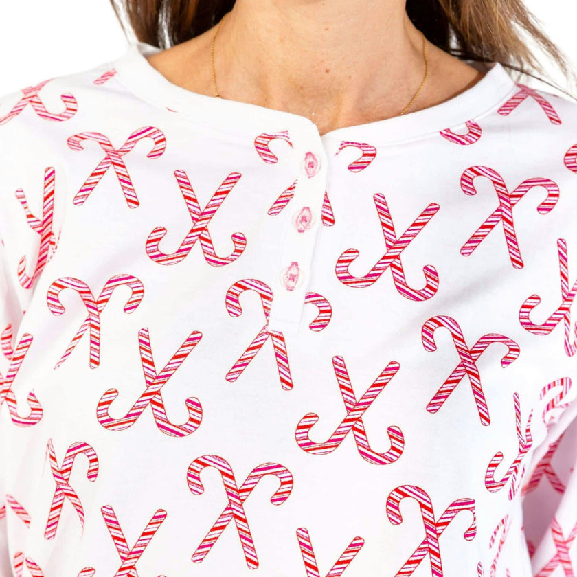 Women's Candy Cane Long PJ Set - Red White Organic Stretch Jersey Knit Cotton