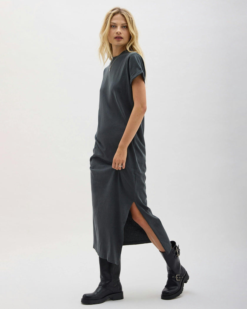 Womens Relaxed Tee Maxi Dress - Pigment Dye Jersey - Stretch Limo