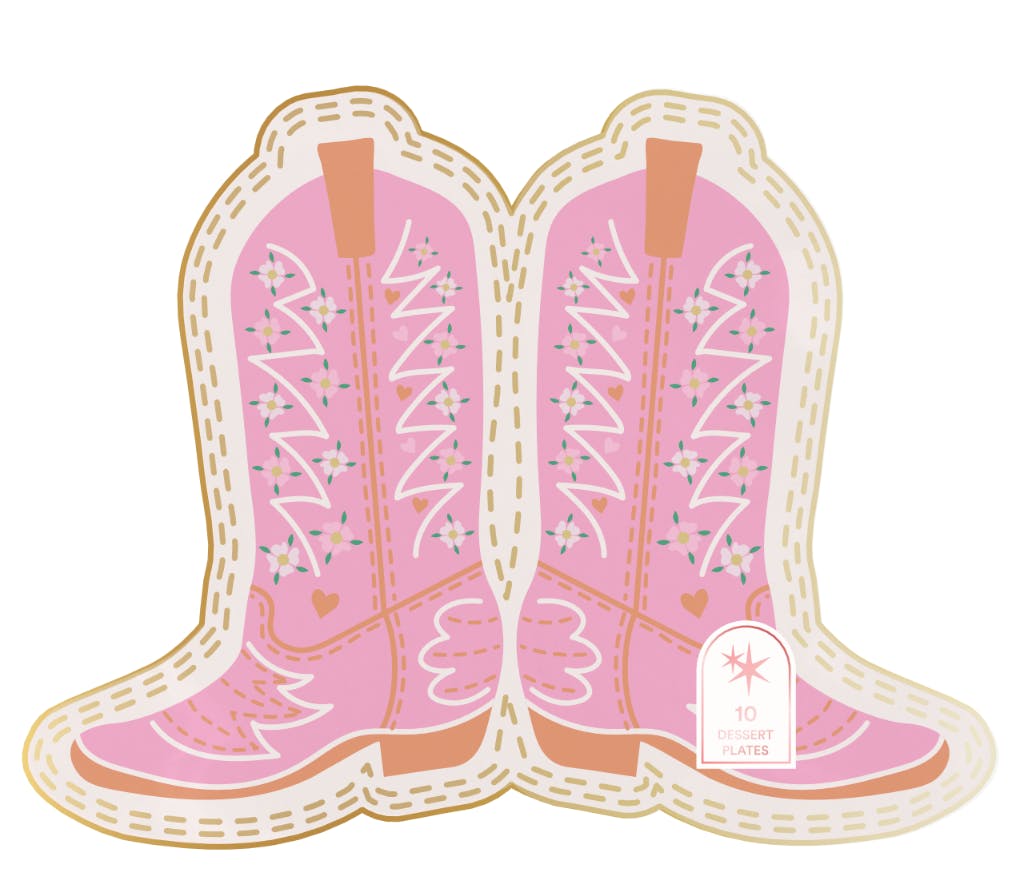 Packed Party Cowboy Boot Die-Cut Paper Dessert Plates 10ct - Gold Foil Pink Boot-Shaped Party Plates, 8 Inch, High Quality 350 GSM