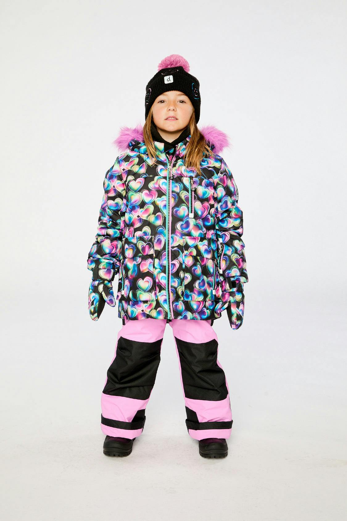 Two Piece Play Snowsuit Black Heart Print With Pink Pants