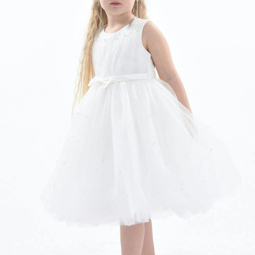 White Pearl Bow Tulle Dress