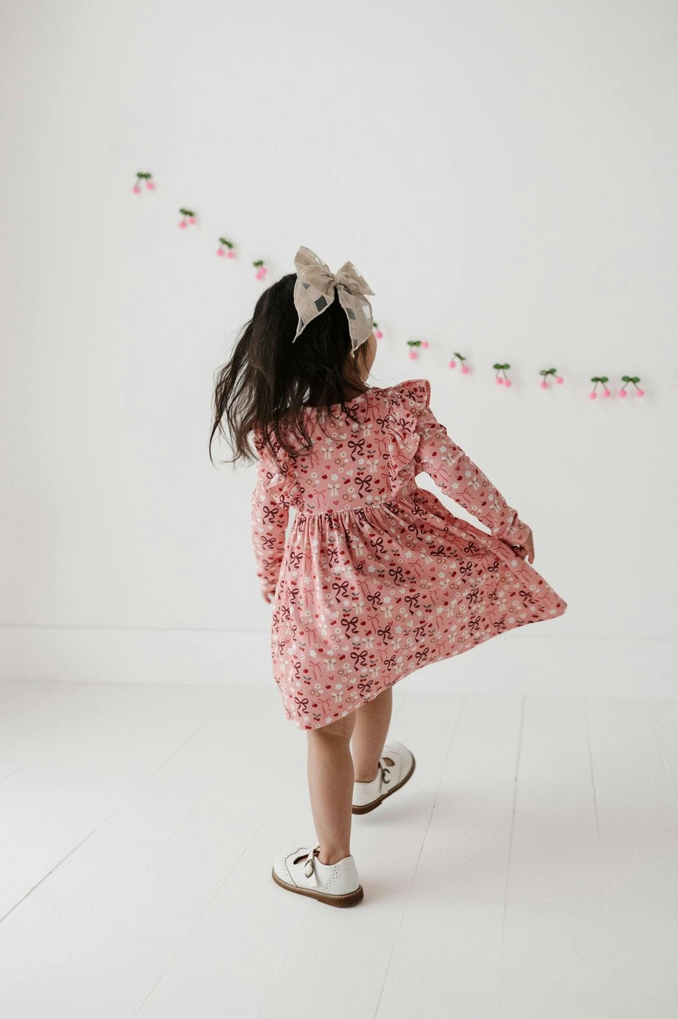 Girls Long Sleeve Ruffle Dress in Cherry Hearts