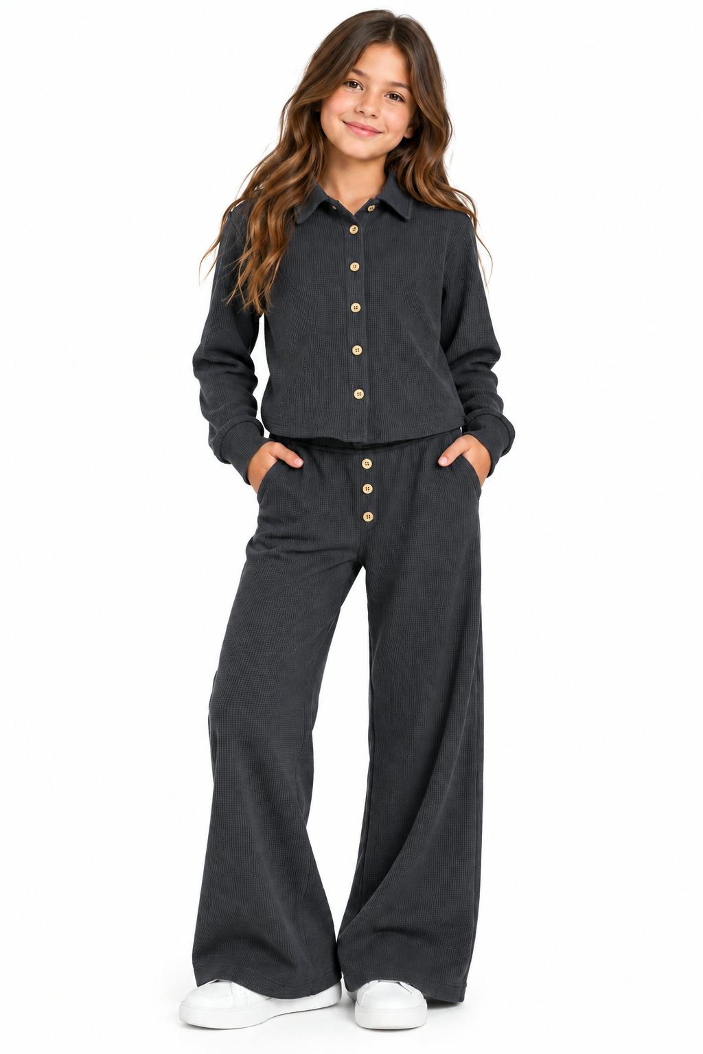 Girls Waffle Button Down and Flare Pants Set