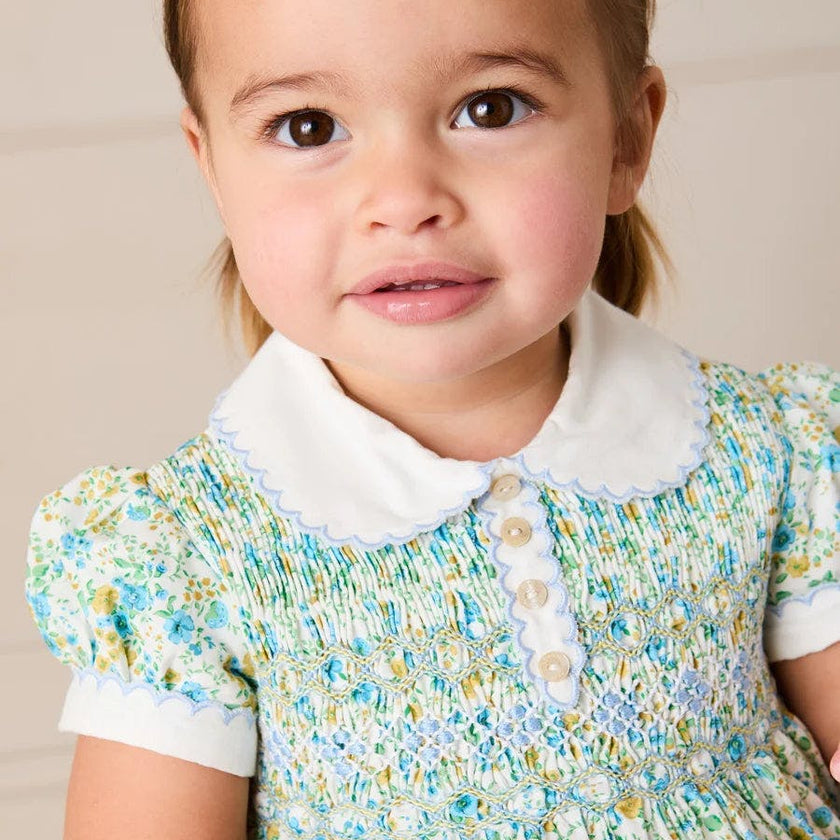 Louisa Floral Hand Smocked Short Sleeve Romper in Blue (3mths-2yrs)