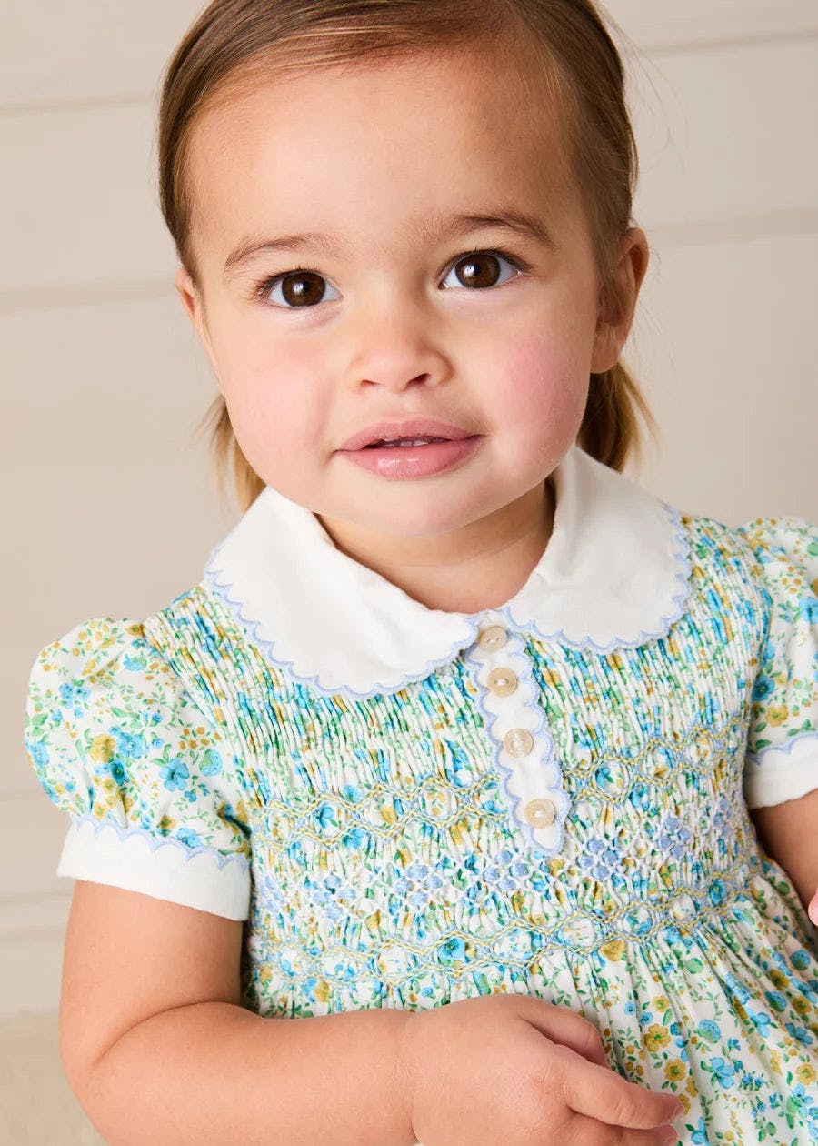 Louisa Floral Hand Smocked Short Sleeve Romper in Blue (3mths-2yrs)