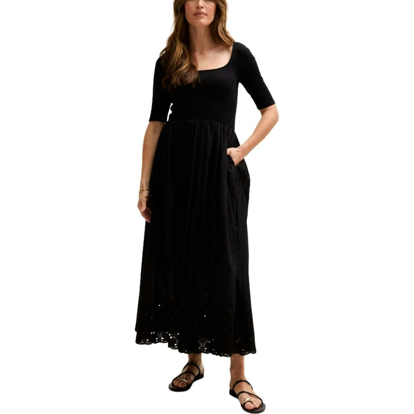 Sydney Short Sleeve Jersey Bodice Embroidered Midi Dress