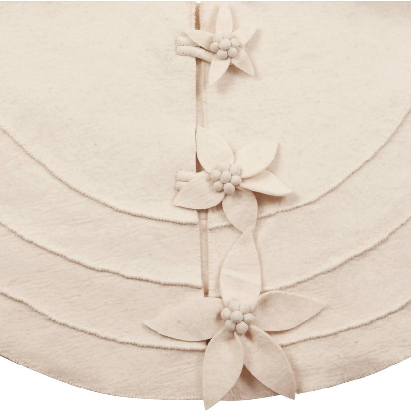 Poinsettia Buttons Cream Hand Felted Wool XL Christmas Tree Skirt 72"