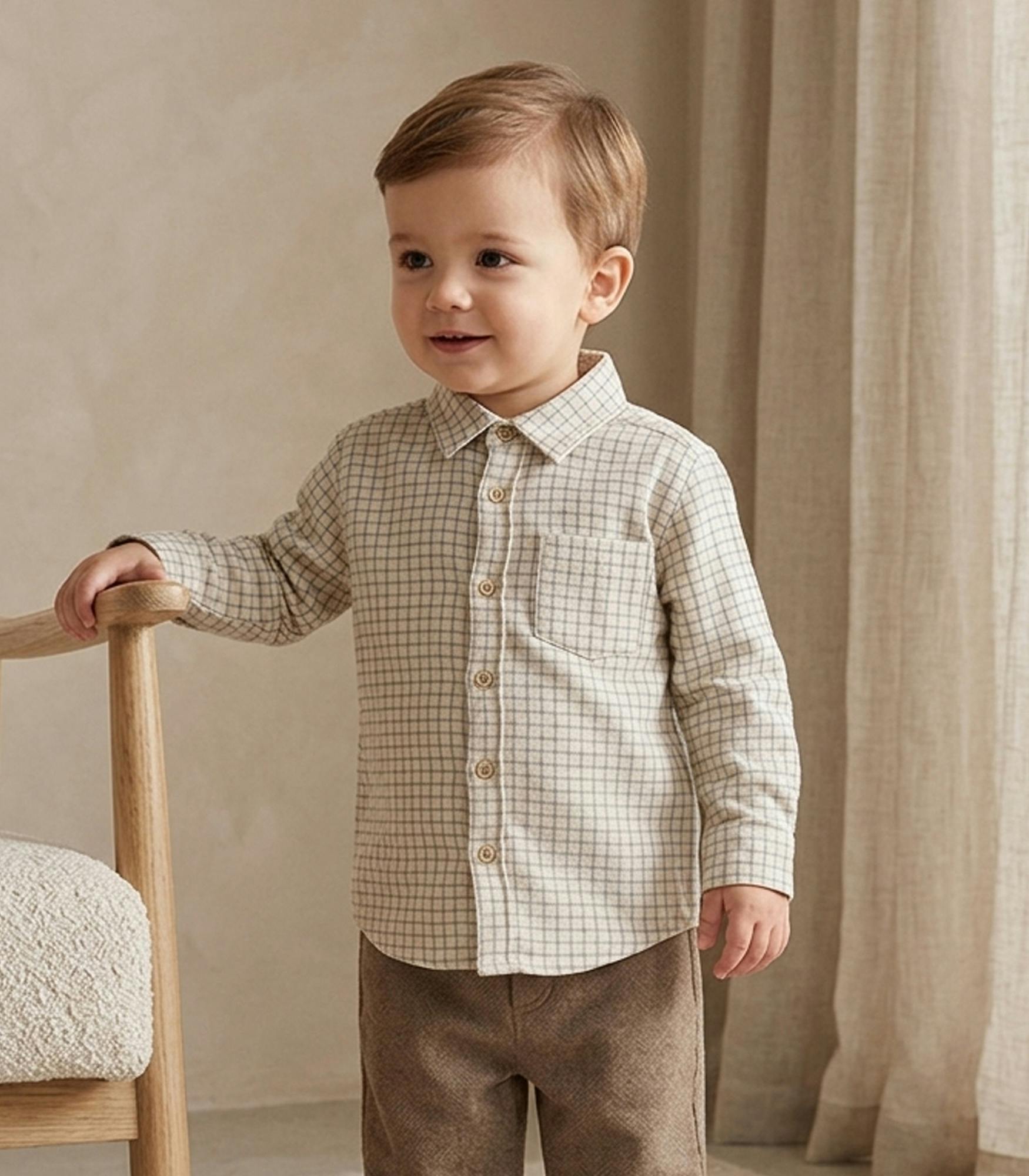 Achille Baby Shirt Long Sleeves with pocket, Beige Check