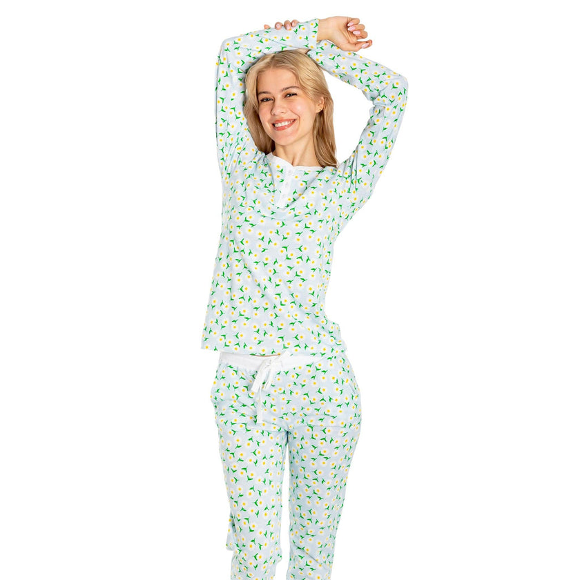 Women's Daisy Jersey Long PJ Set - Blue Organic Stretch Cotton