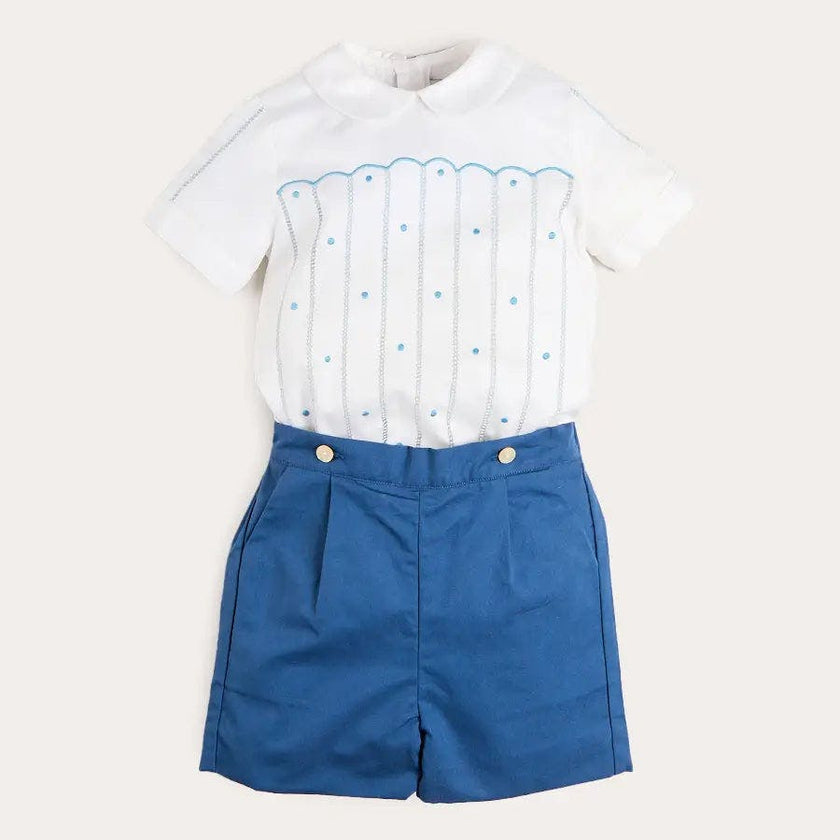 The Matthew Hand Embroidered Openwork Two Piece Set in Navy (18mths-6yrs)