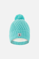 Winter Knit Hat with Pompom Turquoise Blue