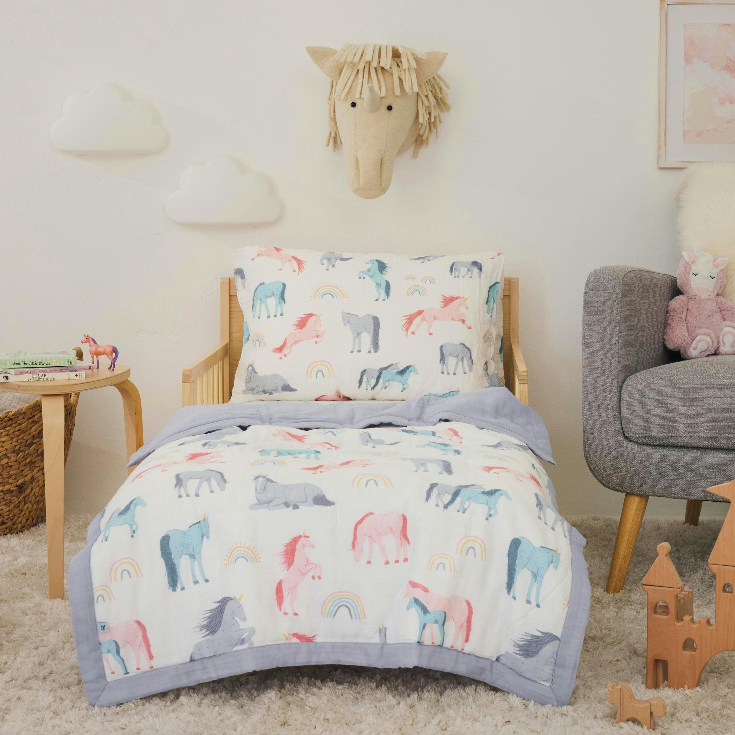Cotton Muslin Toddler Bedding 3 Piece Set - Unicorns