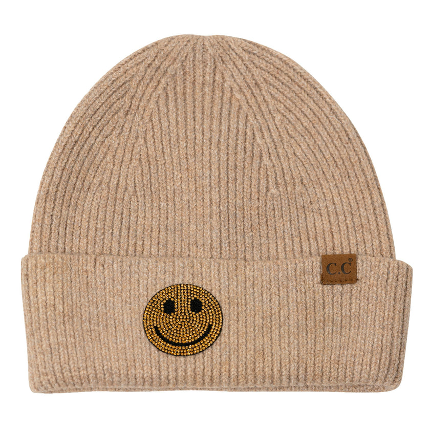 Beanie with Rhinestone Happy Face Patch