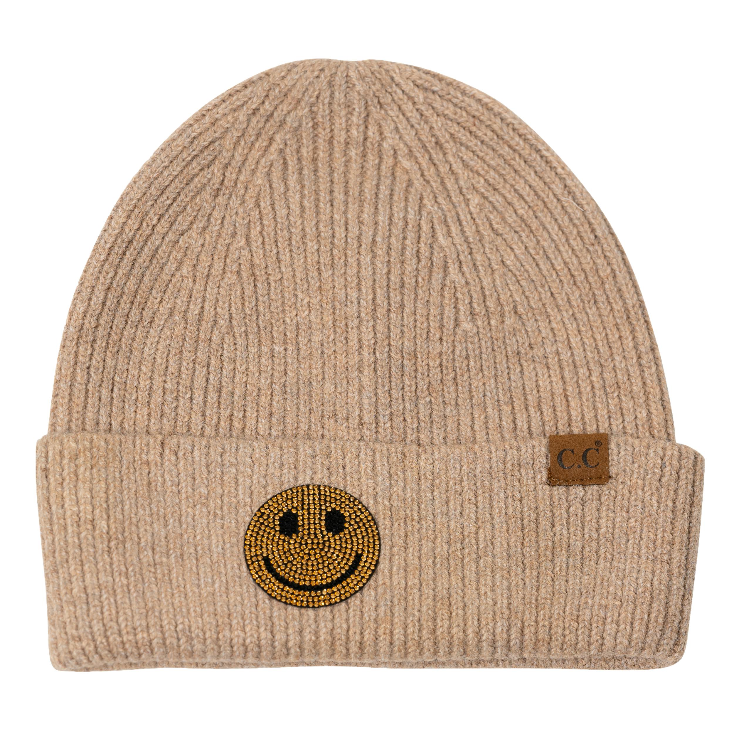 Beanie with Rhinestone Happy Face Patch