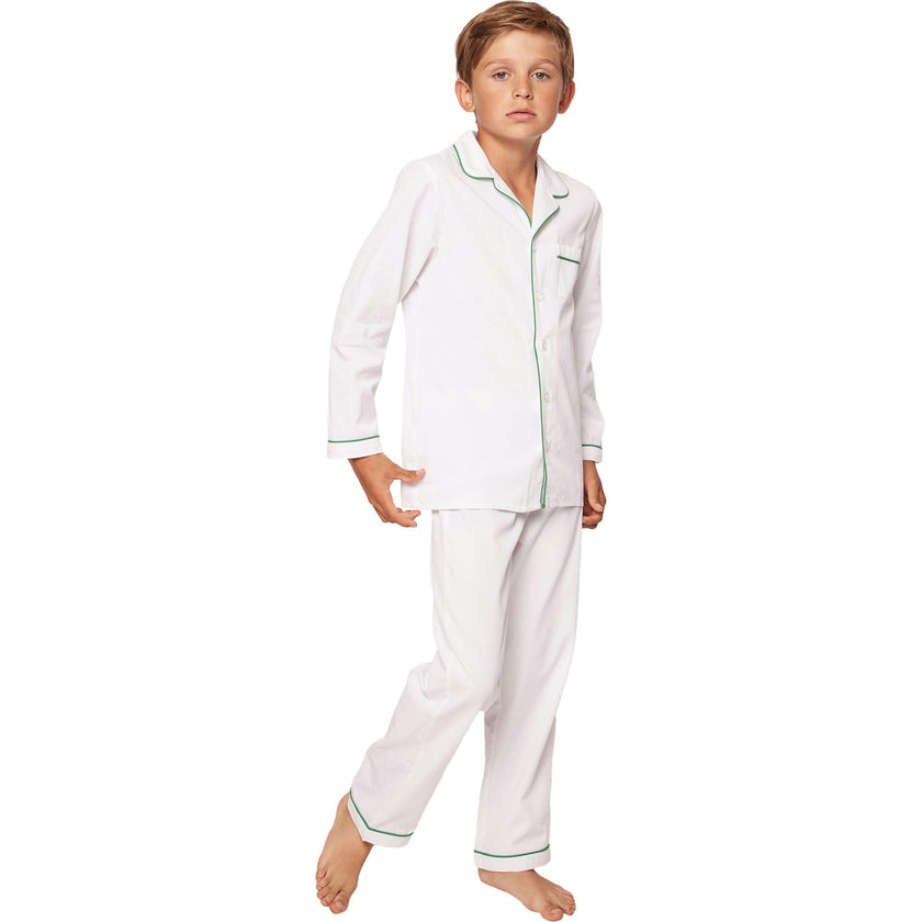 Kid's Twill Pajama Set in White with Green Piping
