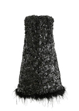 Black Sequin Feather-Hem Dress