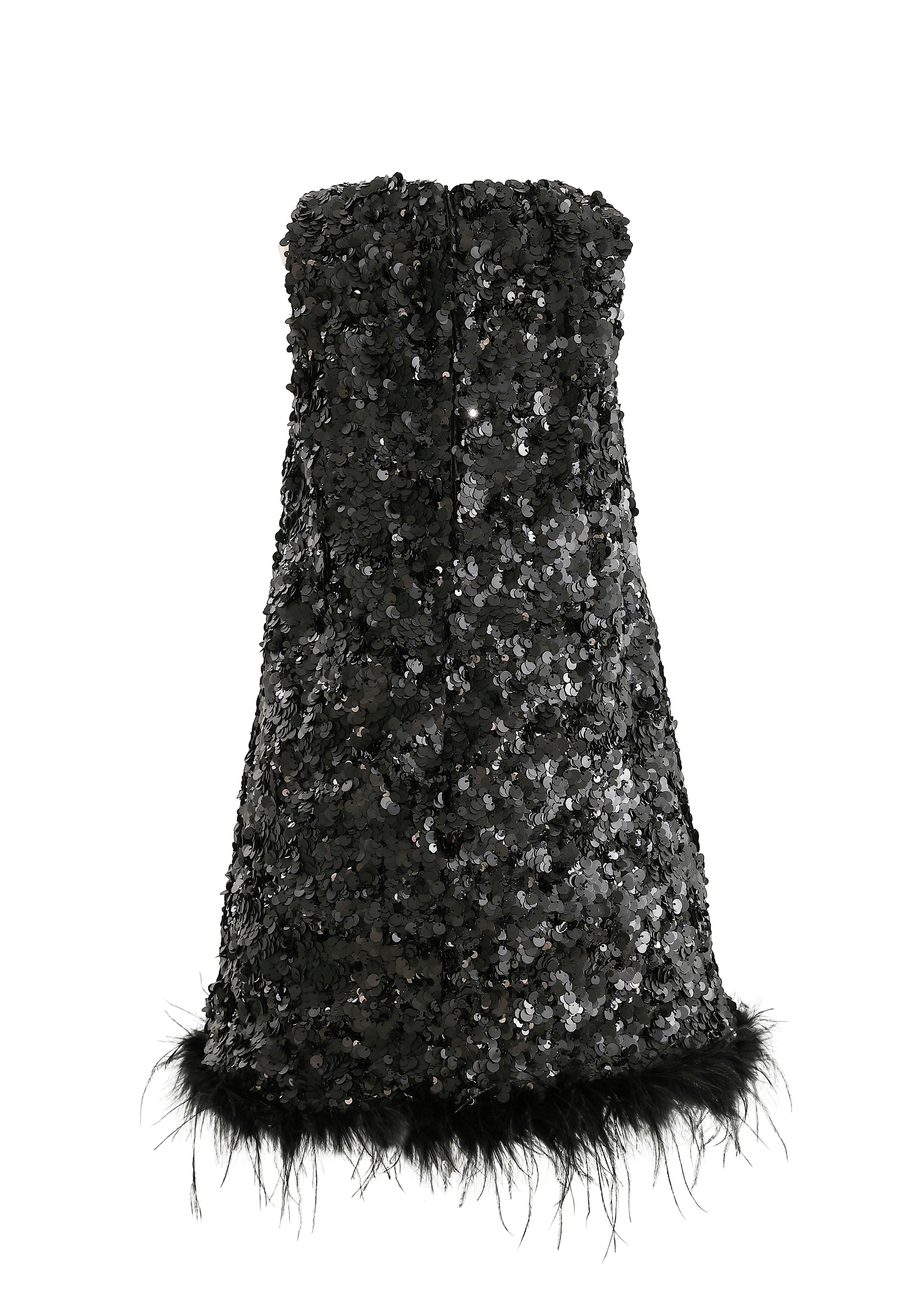 Black Sequin Feather-Hem Dress