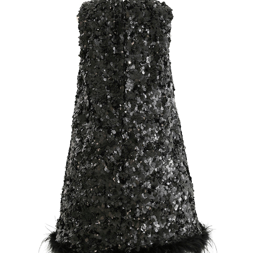 Black Sequin Feather-Hem Dress