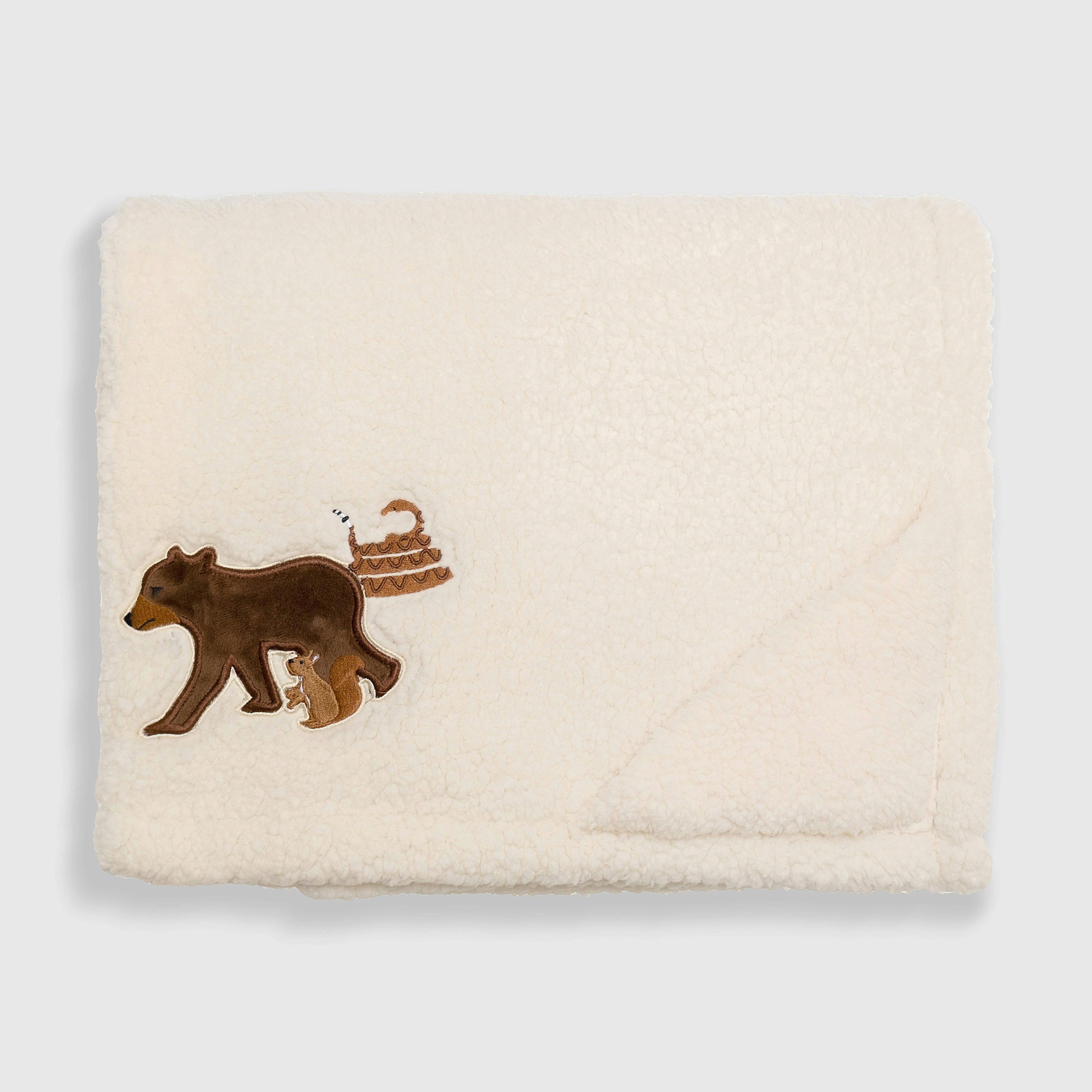 Cozy Switch Blanket – Reversible Sherpa & Mink Fleece Blanket with Embroidered Appliqué, Camping Bears