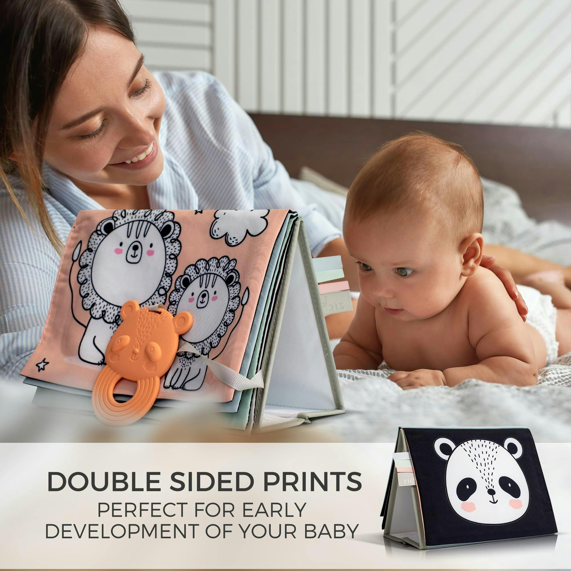 Soft Tummy Time Book w/Large Stimulating Baby Safe Mirror - High Contrast Montessori Toy w/Mirror, Crinkle Filling & Silicone Teether - For Newborn Development