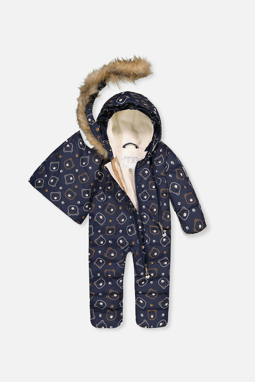Baby Snug One Piece Snowsuit Adapted For Car Seats Blue Printed Teddy Bears