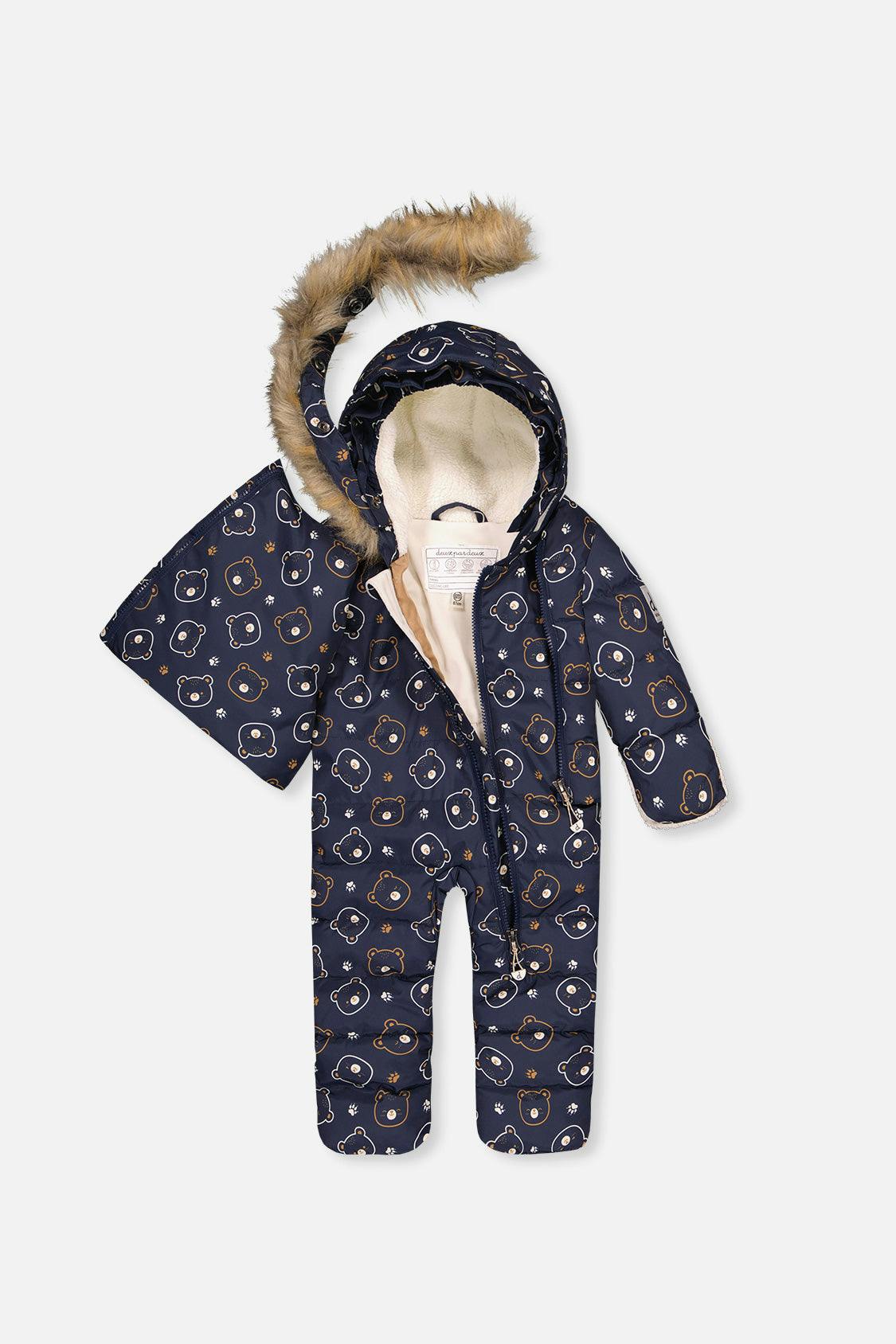 Baby Snug One Piece Snowsuit Adapted For Car Seats Blue Printed Teddy Bears