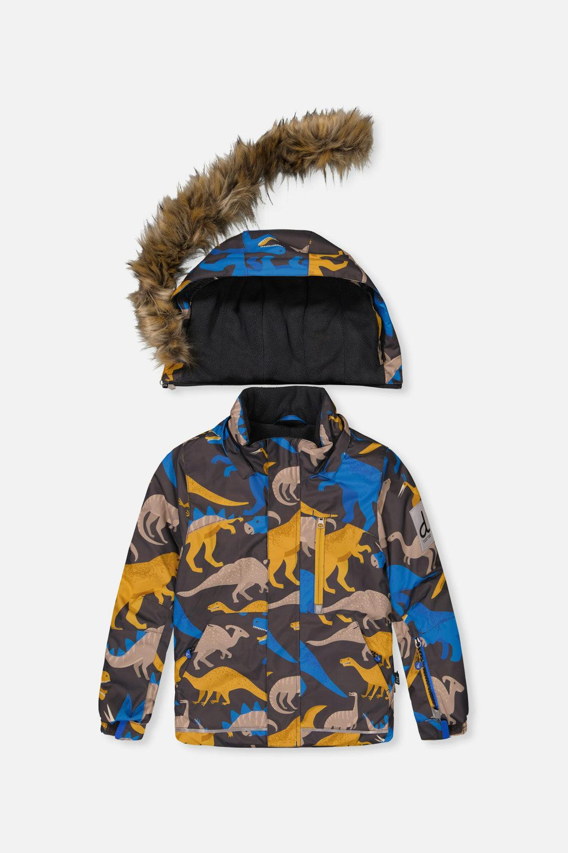 Two Piece Play Snowsuit Grey and Blue Dinosaur Print with Yellow Pants