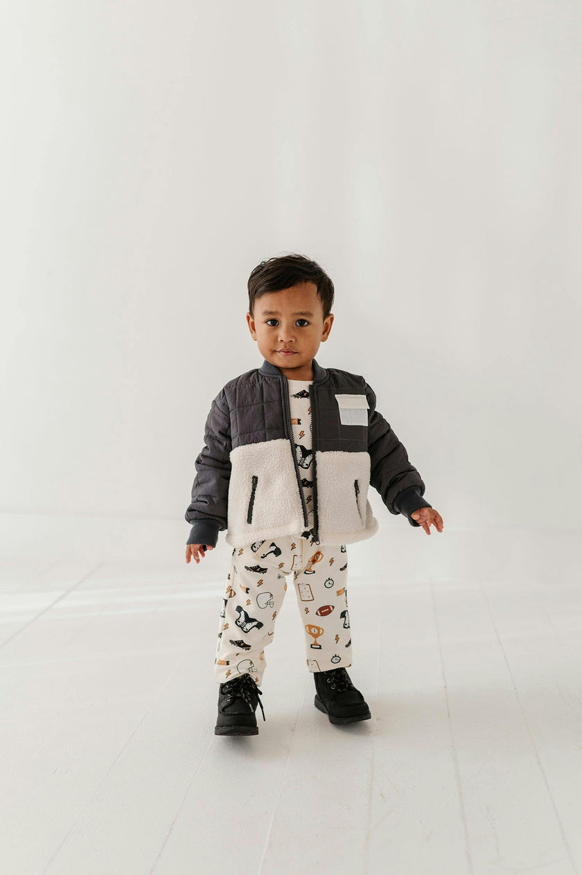 Boys Quilted Sherpa Jacket in Charcoal