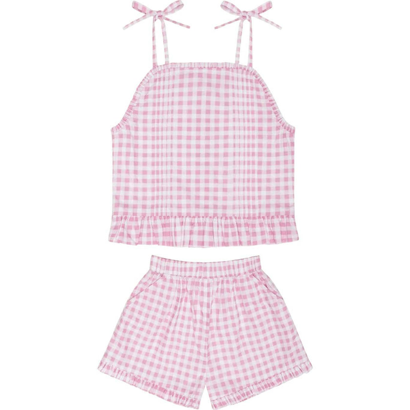 girls blush gingham tie tank and short set