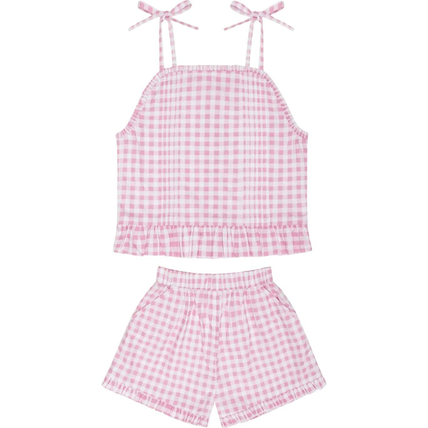 girls blush gingham tie tank and short set