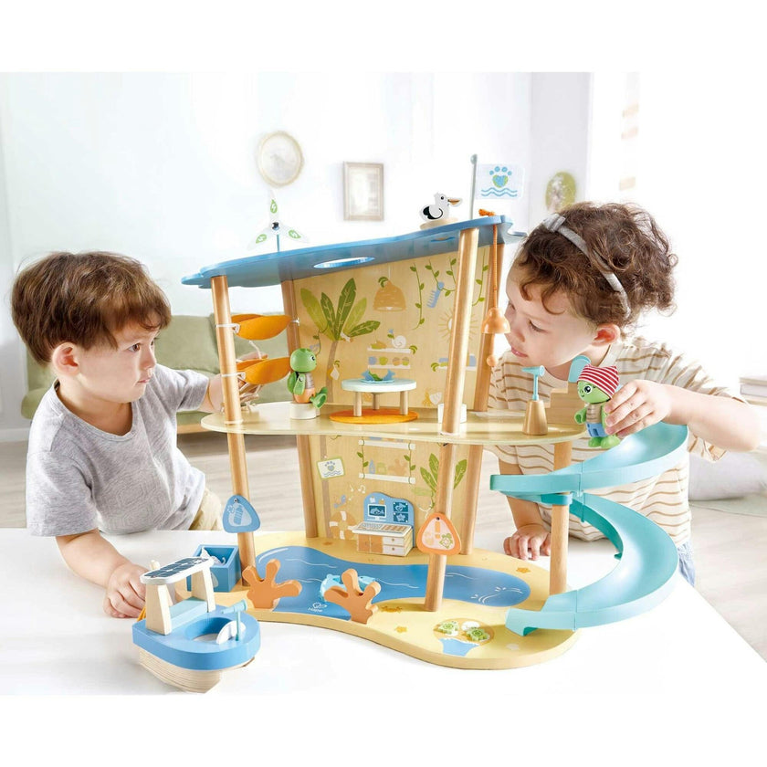 Hape: Ocean Rescue Playset - 47pc Wooden 2 Level Doll House w/ Slide