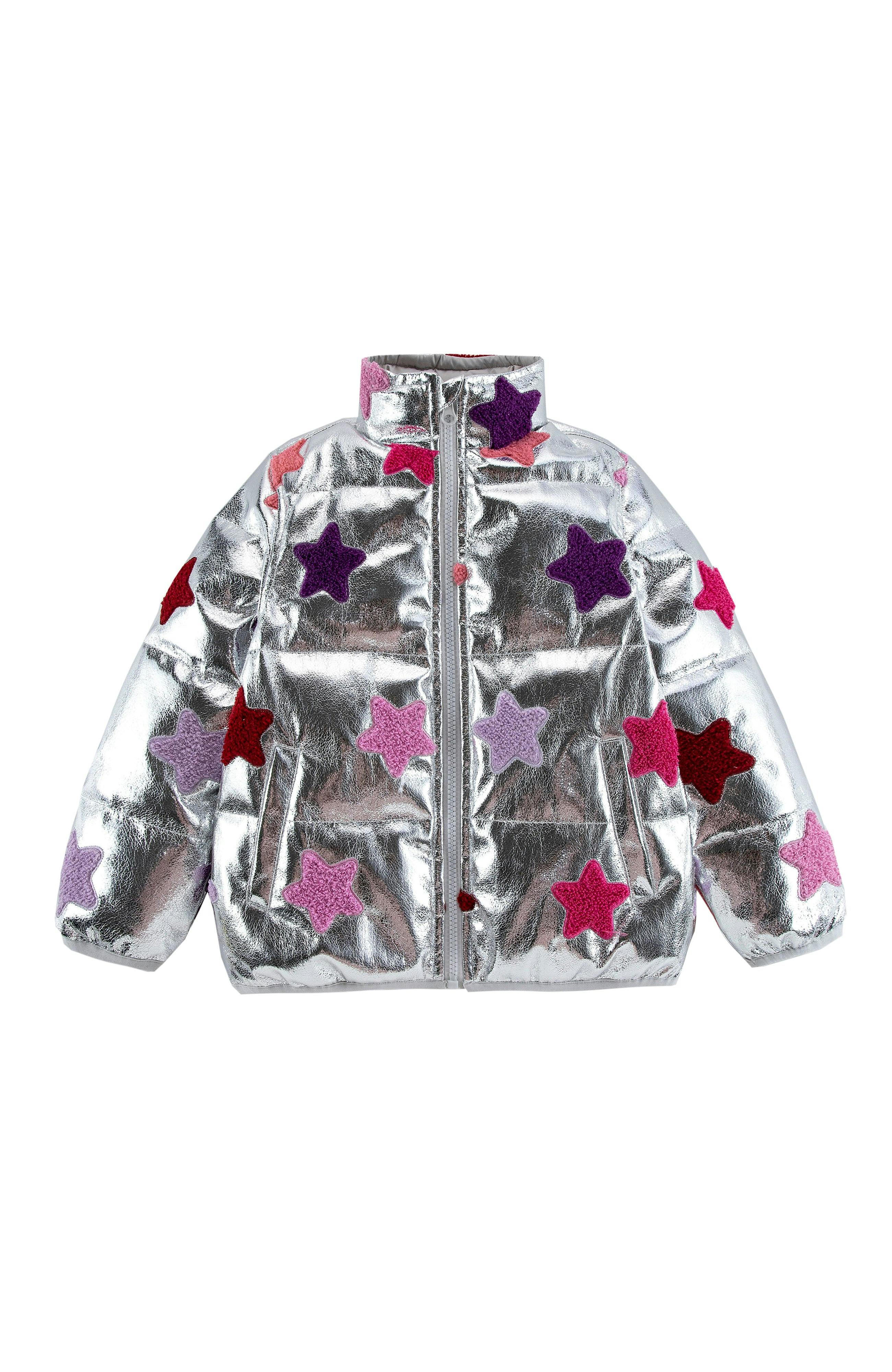 Reese Metallic Patch Puffer Jacket, Silver Stars