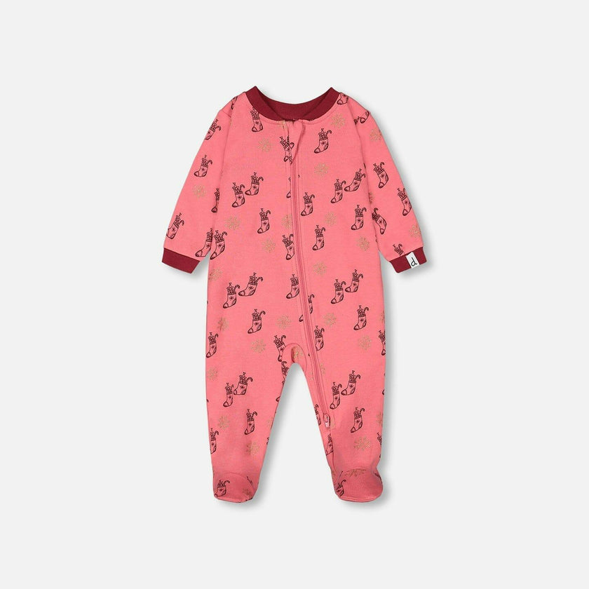 Organic Cotton One Piece Pajama Pink Christmas Stocking Print