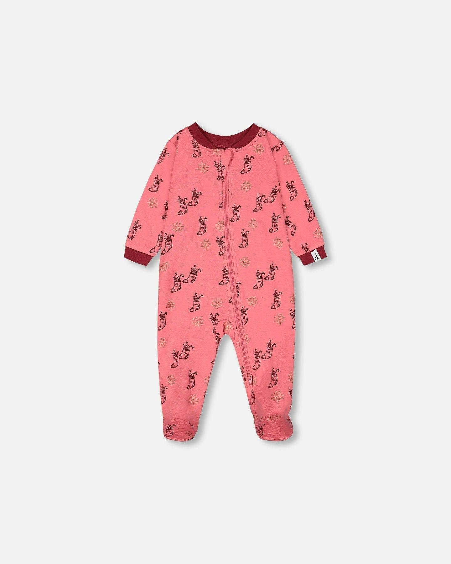 Organic Cotton One Piece Pajama Pink Christmas Stocking Print