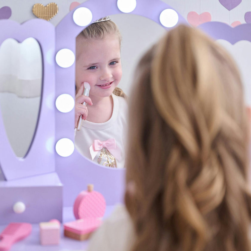 Teamson Kids Heart Glow Wooden Vanity Set With LED Lights Mirror & Stool