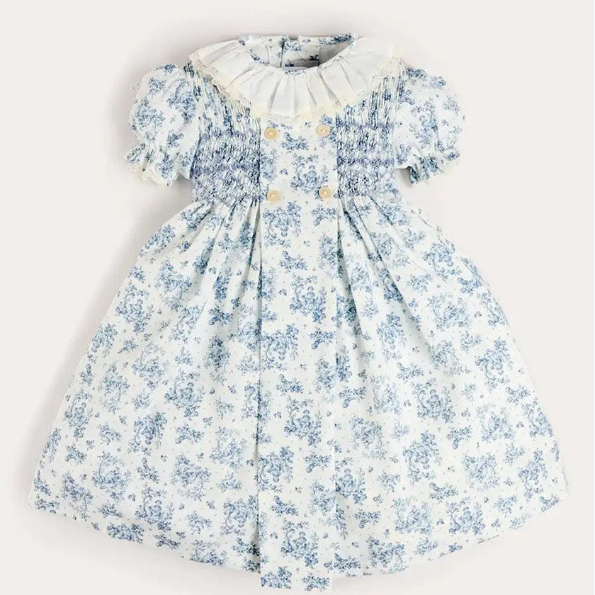 Audrey Toile Hand Smocked Ruffle Collar Short Sleeve Dress in Blue (12mths- 10yrs)