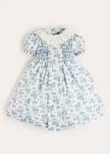 Audrey Toile Hand Smocked Ruffle Collar Short Sleeve Dress in Blue (12mths- 10yrs)