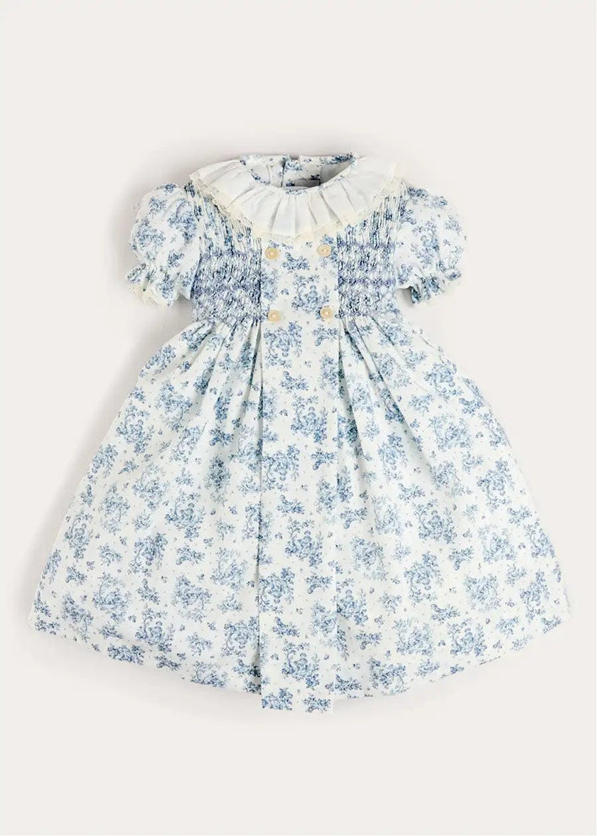 Audrey Toile Hand Smocked Ruffle Collar Short Sleeve Dress in Blue (12mths- 10yrs)