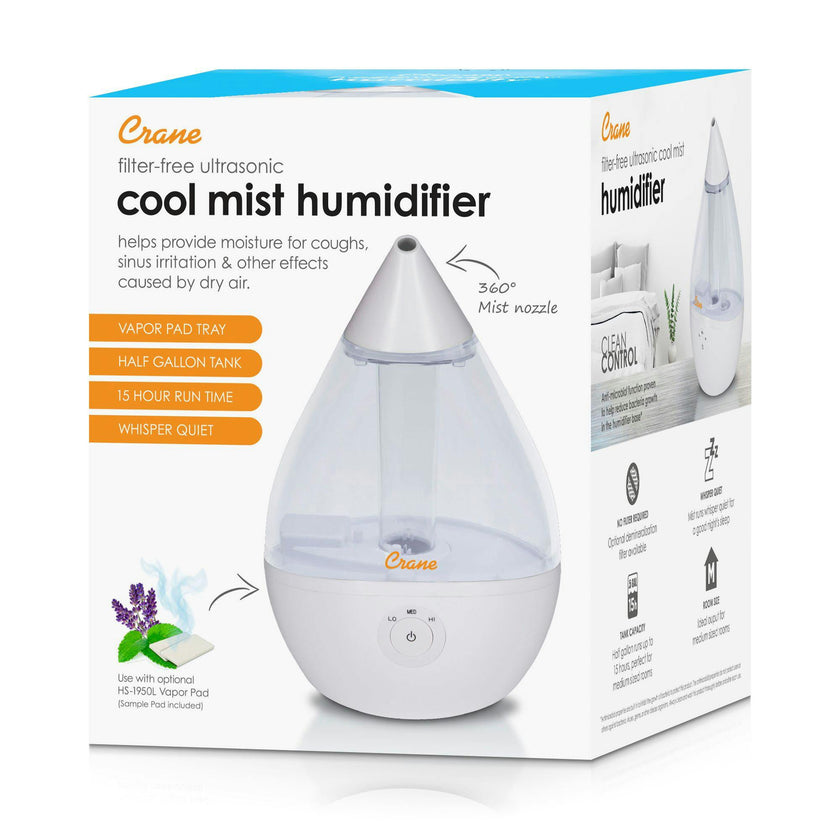 Crane .5 Gallon Drop 2.0 Cool Mist Humidifier for Nursery, With Night Light, Sound Machine