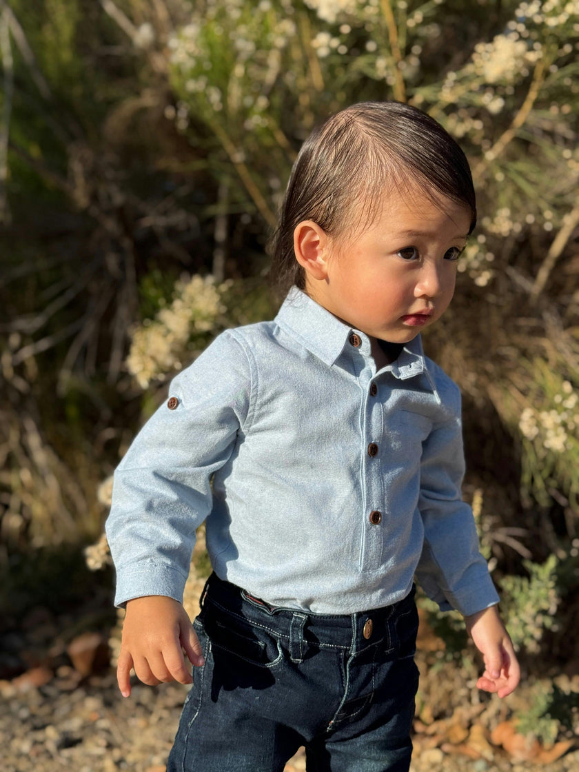 JASPER Pale Blue Chambray Woven Onesie