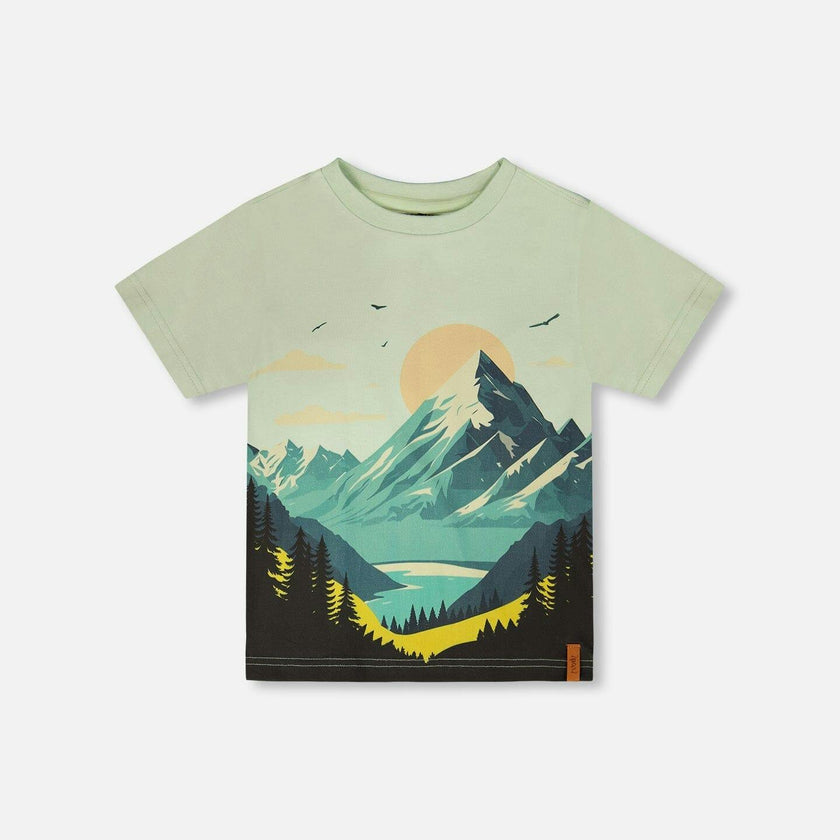 Organic Cotton Jersey T-Shirt With Mountain Print Sage