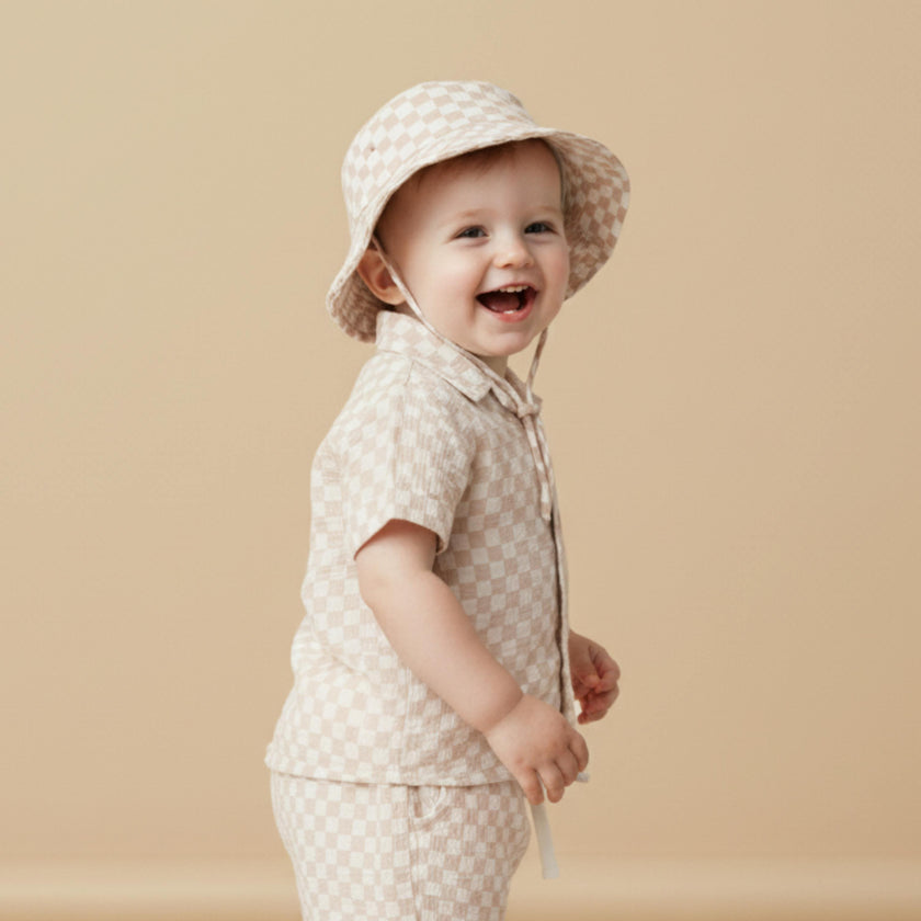 Organic Bucket Sun Hat - Brick Checks