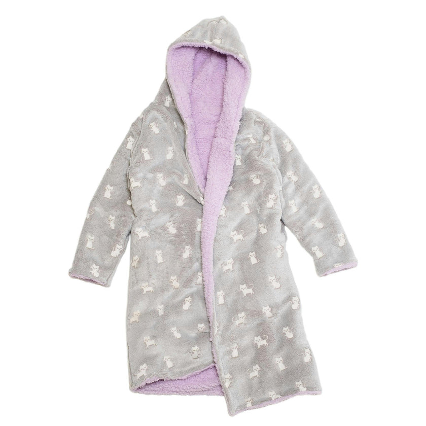 Cozy Switch Robe – Reversible Glow-in-the-Dark & Sherpa Robe for Kids, Orchid Kittens
