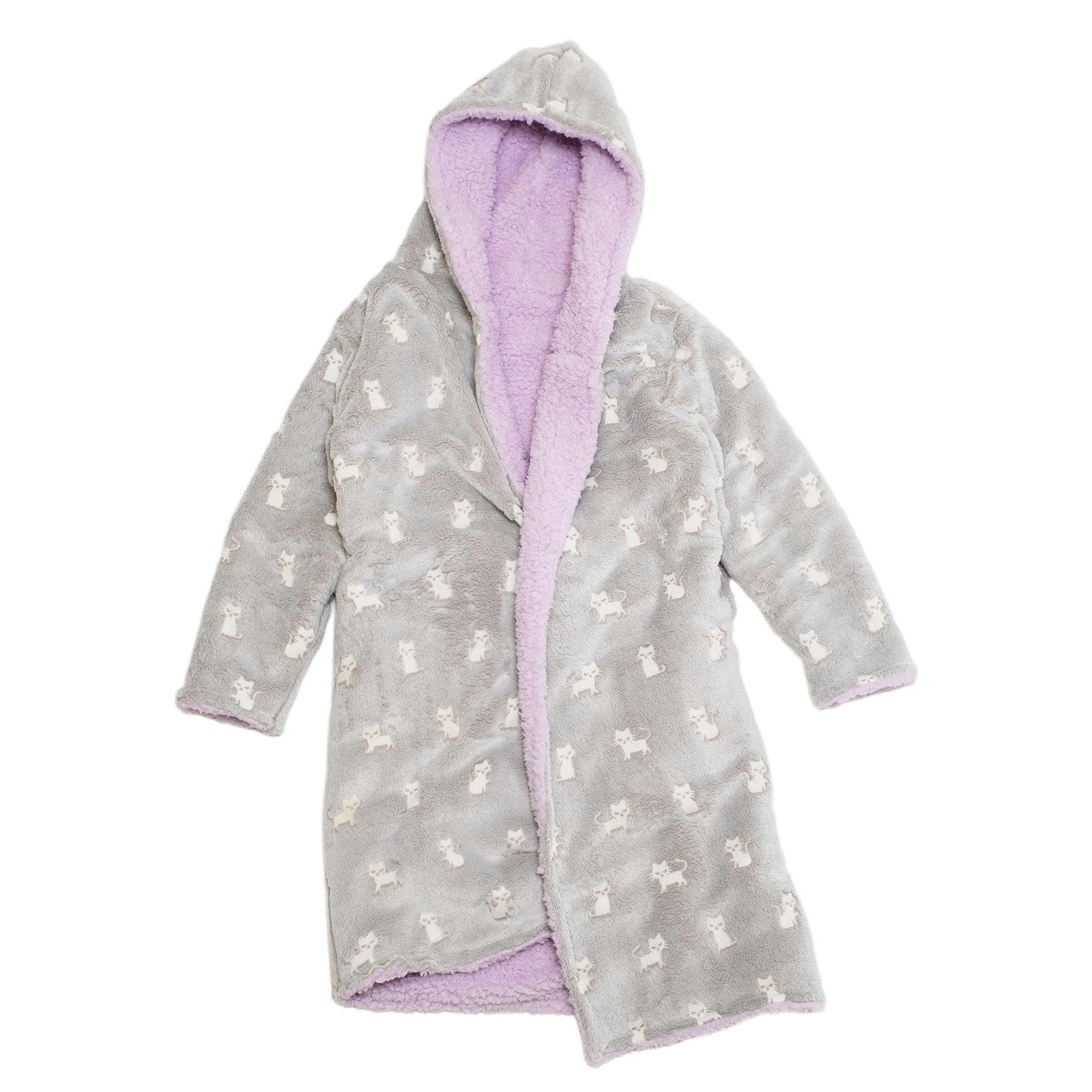 Cozy Switch Robe – Reversible Glow-in-the-Dark & Sherpa Robe for Kids, Orchid Kittens