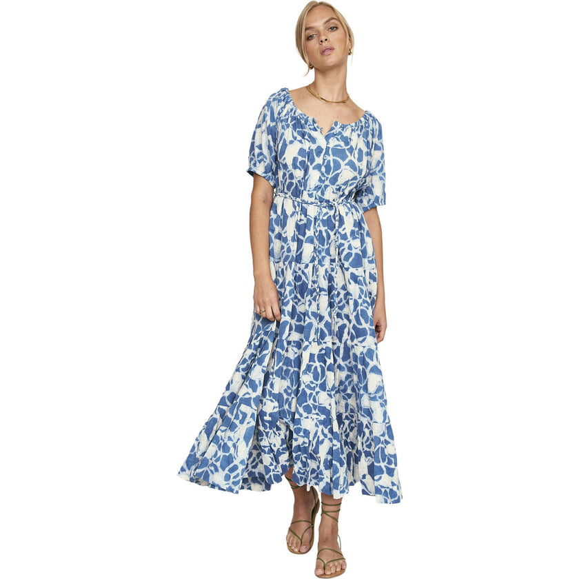 Women's Capri Elastic Bubble Sleeve Tiered Maxi Dress, Blue