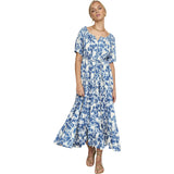 Women's Capri Elastic Bubble Sleeve Tiered Maxi Dress, Blue