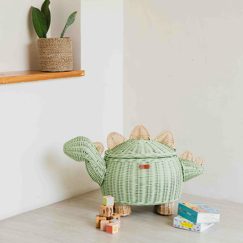 Handcrafted- Dinosaur Storage Basket Mint Green (Large) - Rattan Wicker