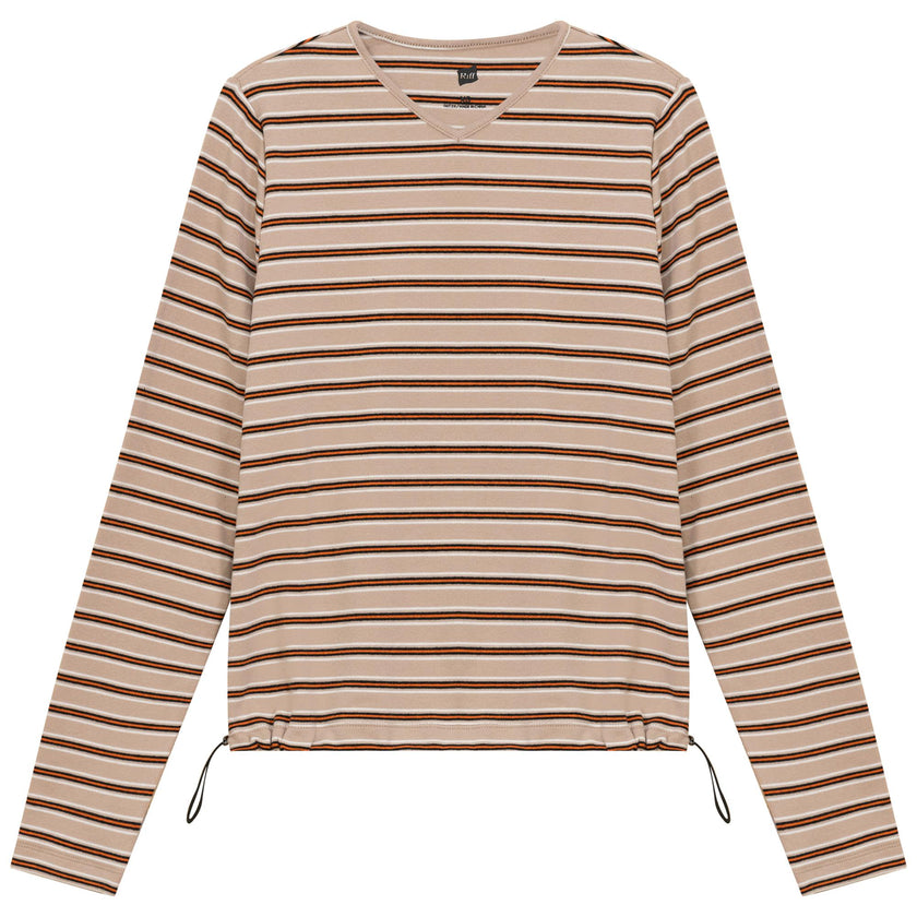 Ribbed Striped V Neck Tee With Bungee Rope